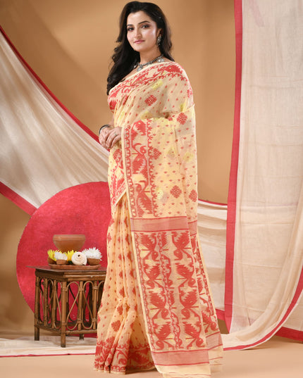 Women's Cotton silk handloom cotton jamdani sarees for women golden party, wear saree latest, Ragini design new, collection tant cotton linen dhakai muslin sarees for women (Cream Gold)