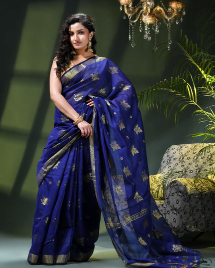 Cotton Silk Party Wear Saree Trendy Design Gulnaz Georgette Chiffon Cotton Saree (Dark Blue)