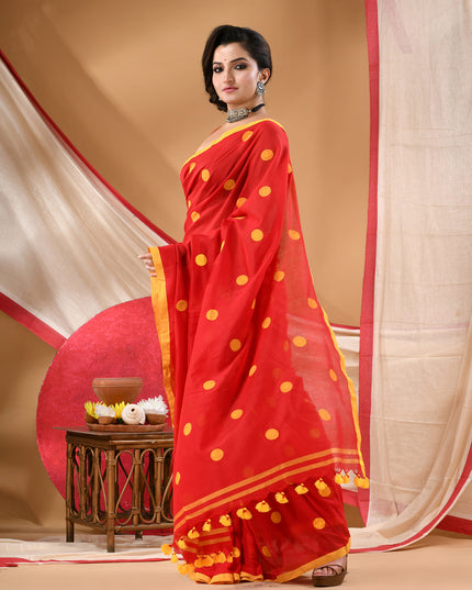 Women cotton handloom mulmul cotton sarees mul cotton sarees for women latest, Nazakat design batik print bandhani malmal linen office daily, party, wear sarees for women (Red Yellow)