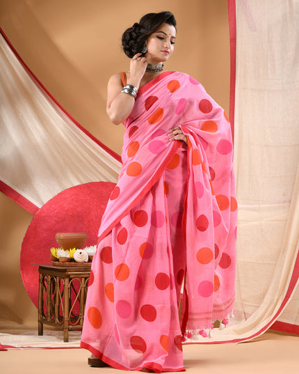 Women cotton handloom mulmul cotton sarees mul cotton sarees for women latest, Mohini design batik print bandhani malmal linen office daily, party, wear sarees for women (Pink)