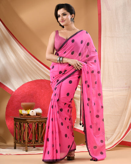 Women cotton handloom mulmul cotton sarees mul cotton sarees for women latest, Nazakat design batik print bandhani malmal linen office daily, party, wear sarees for women (Pink Black)