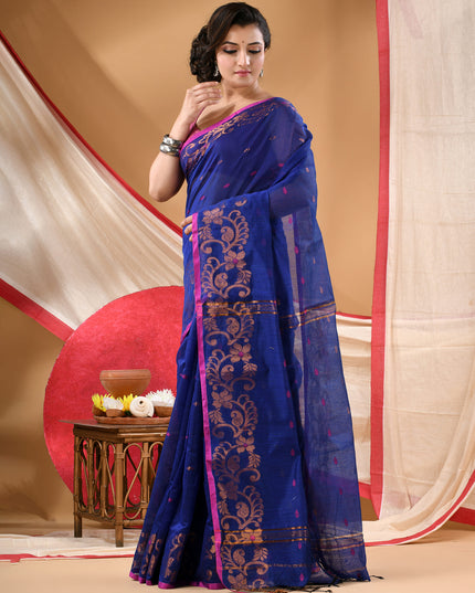 Women cotton silk tant handloom saree mysore party, wear sarees latest, design wedding, banarasi design georgette saree soft silk cotton MidNight Zari sarees for women (Royal Blue)