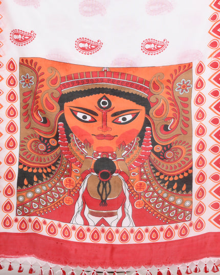 Women`s Bengal Handloom Pure Cotton Saree Dashami Sindur Khela HandPrint Design With Blouse Piece