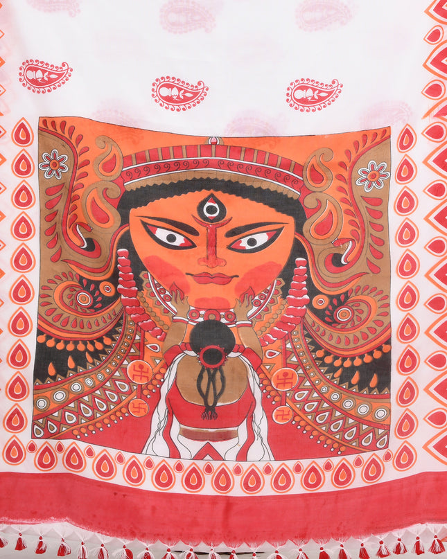 Women`s Bengal Handloom Pure Cotton Saree Dashami Sindur Khela HandPrint Design With Blouse Piece