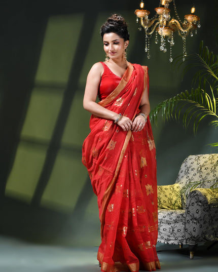 Cotton Silk Party Wear Saree Trendy Design Gulnaz Georgette Chiffon Cotton Saree (Red)