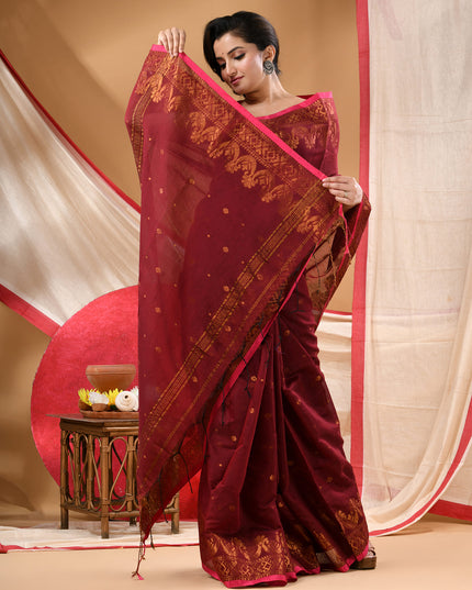 Women cotton silk tant handloom saree mysore party, wear sarees latest, design wedding, kanjivaram georgette chiffon saree soft silk cotton Senzia design sarees for women (Brown)