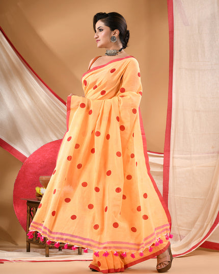 Women cotton handloom mulmul cotton sarees mul cotton sarees for women latest, Nazakat design batik print bandhani malmal linen office daily, party, wear sarees for women (Yellow Red)