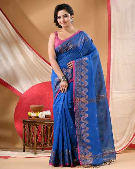 Women cotton silk tant handloom saree mysore party, wear sarees latest, design wedding, kanjivaram georgette chiffon saree soft silk cotton Senzia design sarees for women (Royal Blue)