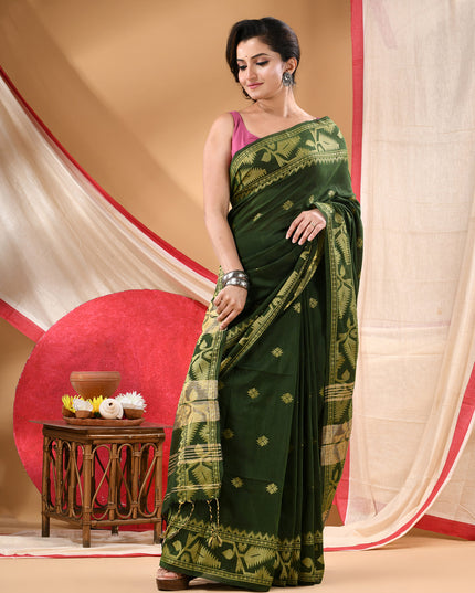 Women cotton silk tant handloom saree mysore party, wear sarees latest, design wedding, ready wear georgette chiffon saree soft silk cotton Taarini design sarees for women (Dark Green)