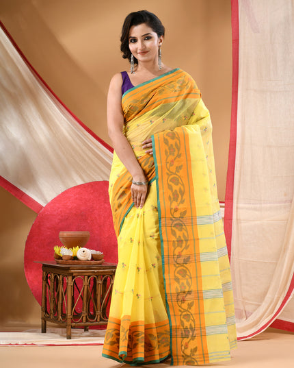 Women Tant cotton saree for woman party, wear handloom sarees for women cotton georgette chettinad cotton silk sarees for women latest, Vasantika design (Yellow)
