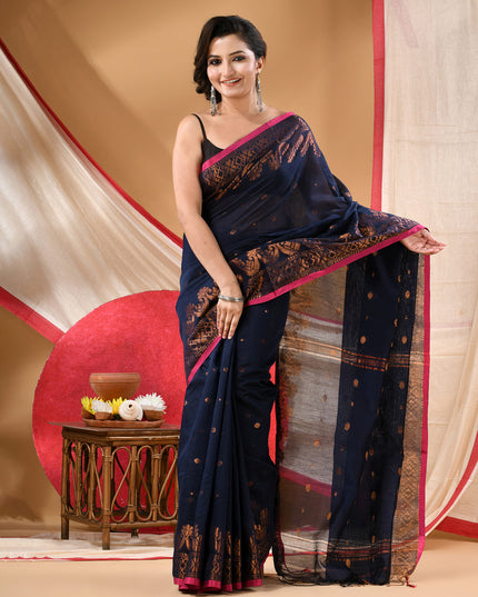 Women cotton silk tant handloom saree mysore party, wear sarees latest, design wedding, kanjivaram georgette chiffon saree soft silk cotton Senzia design sarees for women (Dark Blue)