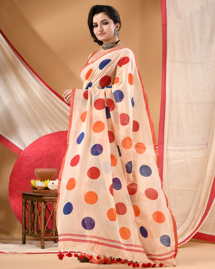 Women cotton handloom mulmul cotton sarees mul cotton sarees for women latest, Mohini design batik print bandhani malmal linen office daily, party, wear sarees for women (Off White Red)