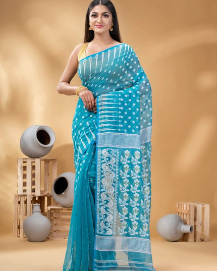 Exquisite Blue & White Pure Cotton Jamdani Saree with Woven Ethnic Motifs