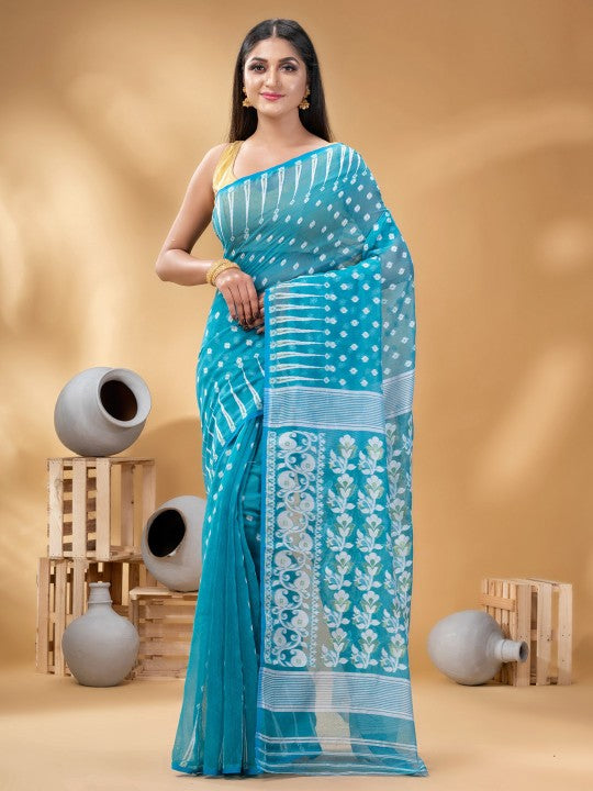 Exquisite Blue & White Pure Cotton Jamdani Saree with Woven Ethnic Motifs