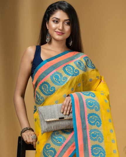 DESH BIDESH Ethnic Motifs Woven Design Pure Cotton Handloom Taant Saree