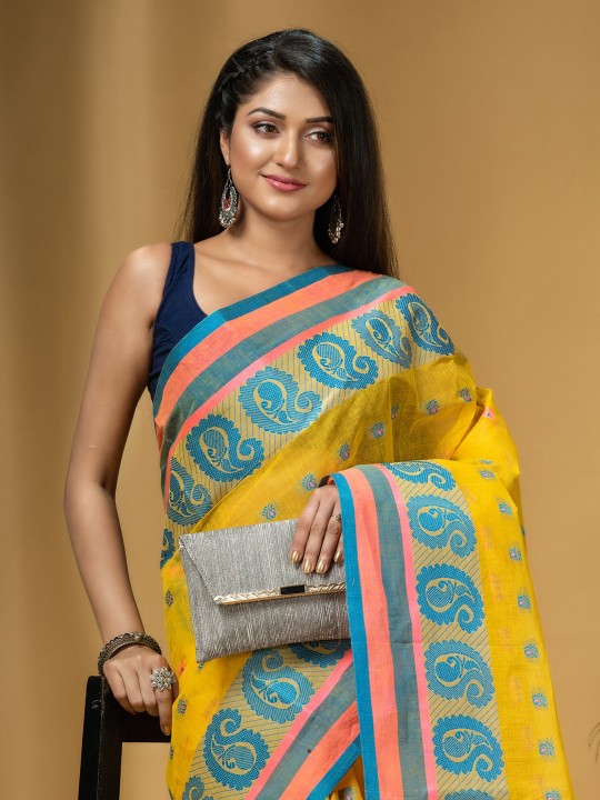 DESH BIDESH Ethnic Motifs Woven Design Pure Cotton Handloom Taant Saree