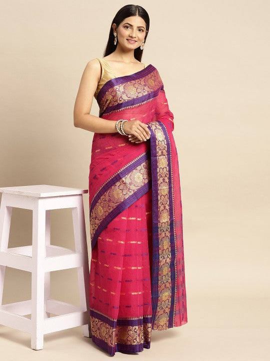 DESH BIDESH Pink Ethnic Motifs Pure Cotton Taant Saree