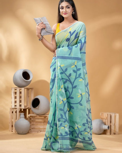DESH BIDESH Turquoise Blue & Yellow Woven Design Linen Blend Jamdani Saree