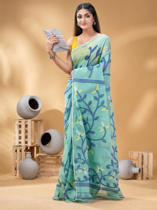DESH BIDESH Turquoise Blue & Yellow Woven Design Linen Blend Jamdani Saree