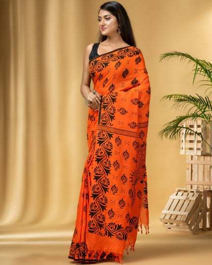 Orange & Black Ethnic Motifs Printed Pure Cotton Handloom Taant Saree