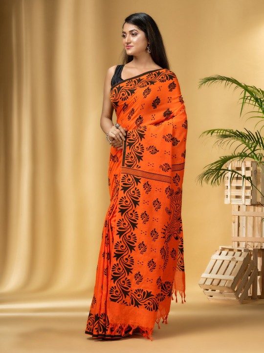 Orange & Black Ethnic Motifs Printed Pure Cotton Handloom Taant Saree