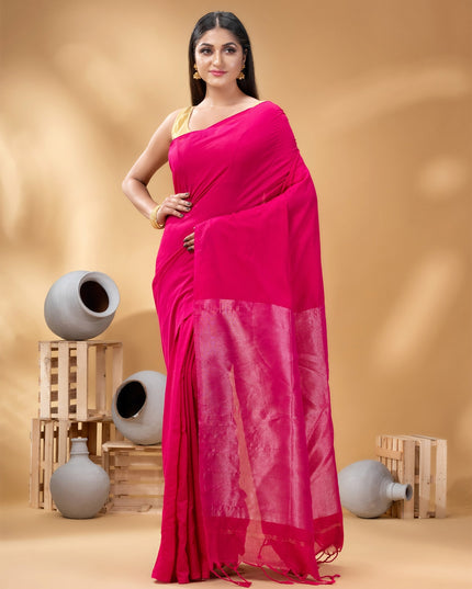 DESH BIDESH Pink Zari Pure Cotton Taant Saree for Women