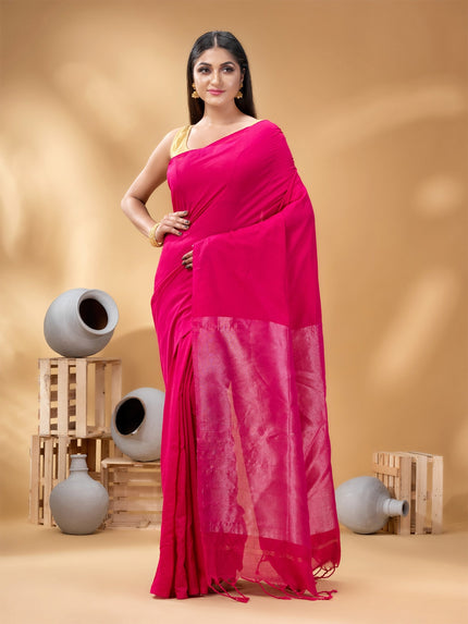 DESH BIDESH Pink Zari Pure Cotton Taant Saree for Women