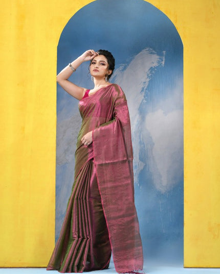 DESH BIDESH Magenta & Gold-Toned Tissue Taant Saree for Women - Traditional Weave with No Border