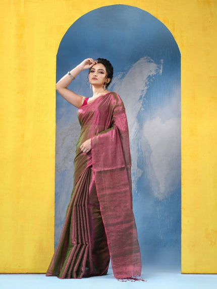DESH BIDESH Magenta & Gold-Toned Tissue Taant Saree for Women - Traditional Weave with No Border