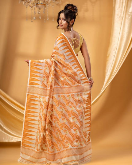 Exquisite Orange White Woven Pure Cotton Jamdani Saree Ethnic Indian Wear