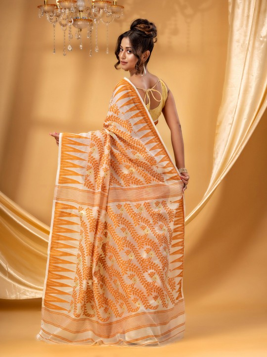 Exquisite Orange White Woven Pure Cotton Jamdani Saree Ethnic Indian Wear