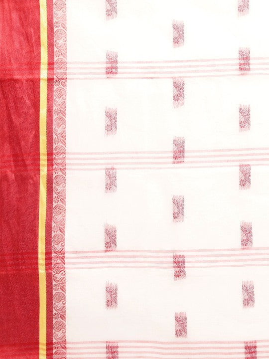 DESH BIDESH White & Red Ethnic Motifs Pure Cotton Taant Saree