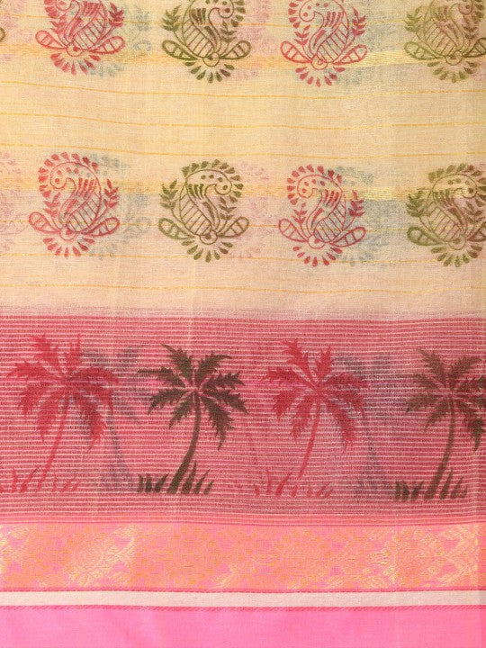 DESH BIDESH Ethnic Motifs Printed Pure Handloom Cotton Saree with Block Print