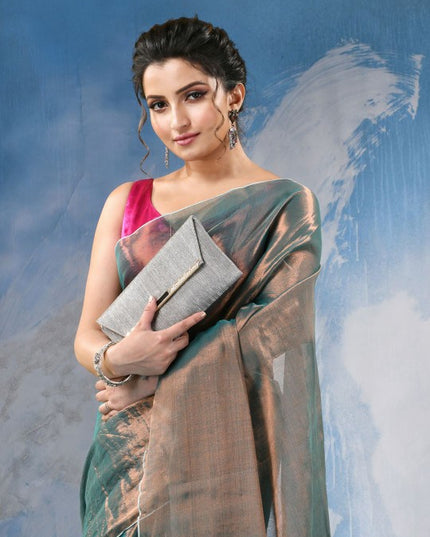 Exquisite Green and Gold Embellished Tissue Taant Saree for Women