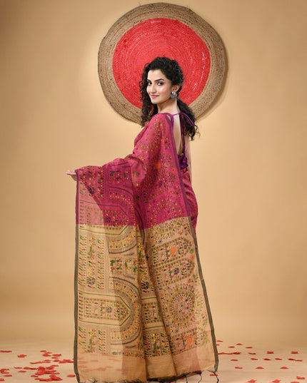 DESH BIDESH Traditional Warli Block Print Saree with Tassels and Blouse Piece