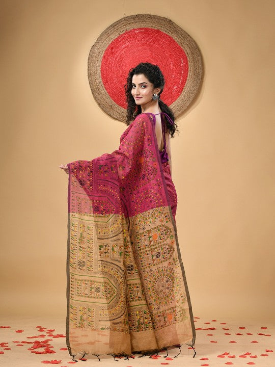 DESH BIDESH Traditional Warli Block Print Saree with Tassels and Blouse Piece
