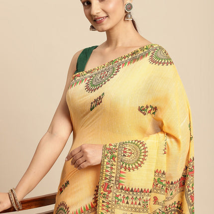 DESH BIDESH Yellow & Green Warli Print Pure Cotton Taant Saree