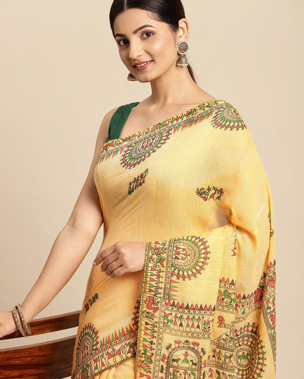 DESH BIDESH Yellow & Green Warli Print Pure Cotton Taant Saree