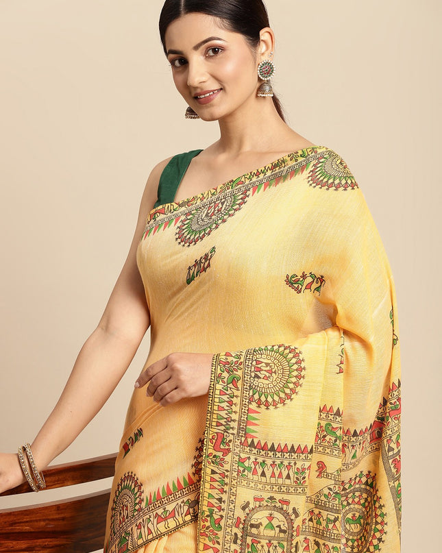 DESH BIDESH Yellow & Green Warli Print Pure Cotton Taant Saree