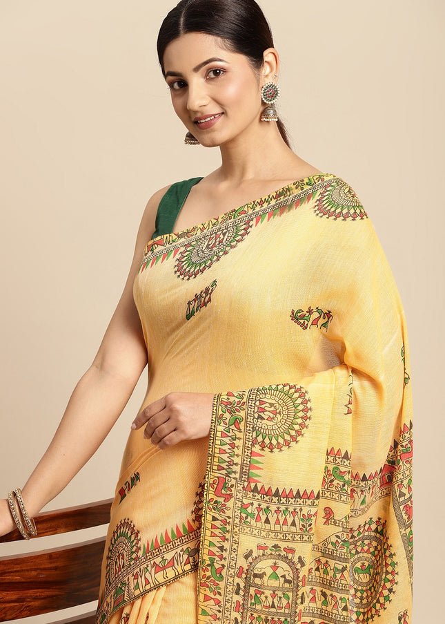 DESH BIDESH Yellow & Green Warli Print Pure Cotton Taant Saree