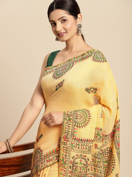 DESH BIDESH Yellow & Green Warli Print Pure Cotton Taant Saree