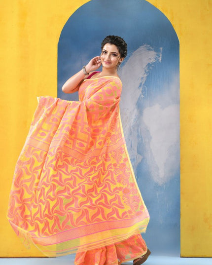 Yellow & Pink Woven Design Jamdani Saree with Solid Border