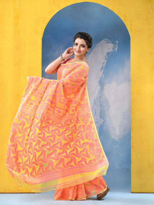 Yellow & Pink Woven Design Jamdani Saree with Solid Border