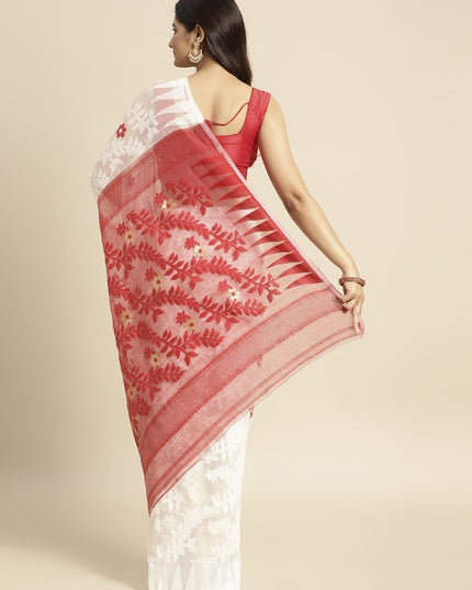 DESH BIDESH White & Red Floral Pure Cotton Jamdani Saree