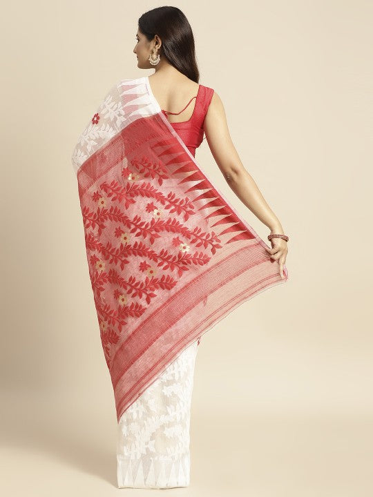 DESH BIDESH White & Red Floral Pure Cotton Jamdani Saree