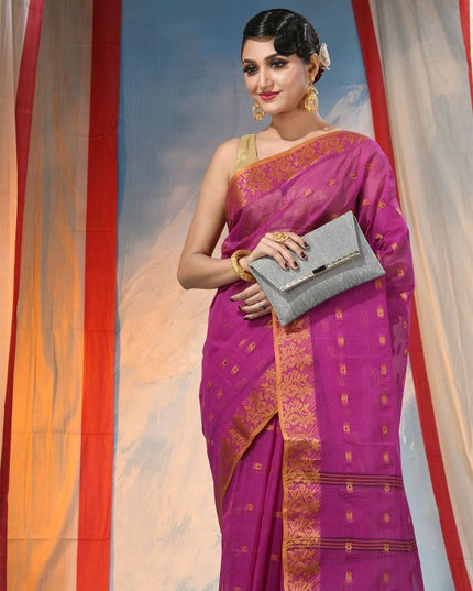 Exquisite Pink Gold Woven Design Pure Cotton Handloom Saree for Women