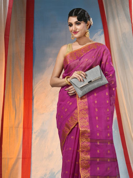 Exquisite Pink Gold Woven Design Pure Cotton Handloom Saree for Women