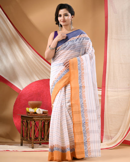 Women Tant cotton saree for woman party, wear sarees cotton georgette handloom wedding new chiffon collection sarees for women latest, Chitralekha design (Blue Orange)