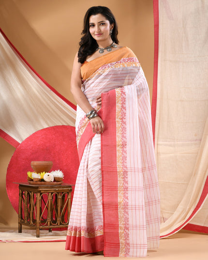 Women Tant cotton saree for woman party, wear sarees cotton georgette handloom wedding new chiffon collection sarees for women latest, Chitralekha design (Red Orange)