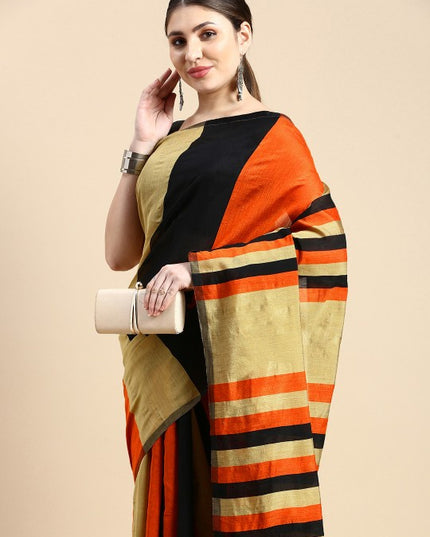 DESH BIDESH Elegant Ghicha Cotton Striped Saree with Unstitched Blouse Piece